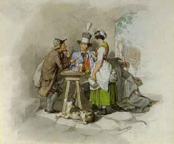 Coachman with barmaid, dog and peddler by 
																	Josef von Camerlohr