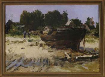 View of a Russian riverside village with beached boat by 
																	Pavel Stepanovich Kalygin