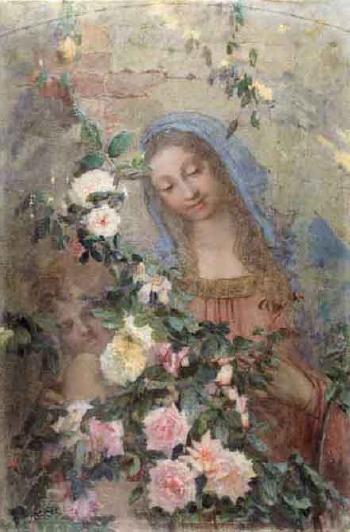 Madonna and angel amongst flowers by 
																	Carlo Agazzi