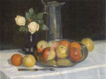 Still life of apples on plate and white roses in blue vase by 
																	Gustav Rett
