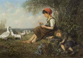 Goosemaid with brother resting at midday by 
																	Wilhelm Friedenberg