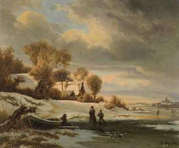River landscape with ice skaters on winter evening by 
																	Johann Georg Walte
