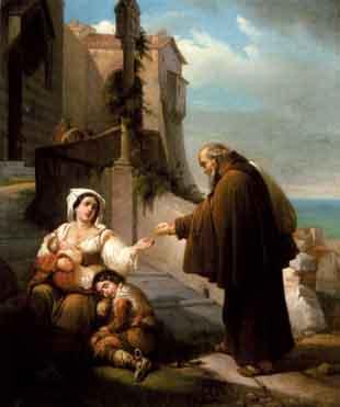Carmelite monk offering bread to a moyjer with ailing children by 
																	Adolfo Malevolti