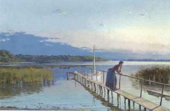 Landscape from Svendborgsund with woman watching sunset from bridge by 
																	Hans Julius Faester