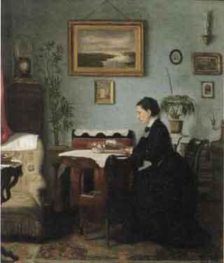 Interior scene with woman reading by 
																	Jens Jensen EgEbjErg