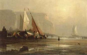 Fishing boats on a beach with cliffs beyond by 
																	St John Mullholland