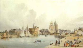 Shipping on the Amstel river in the harbour at Amsterdam, Holland by 
																	Hippolyte Jean-Baptiste Garnerey