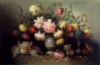 Still life of peonies on a ledge by 
																	Bela Balogh