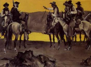 Two groups of cowboys at the water's edge by 
																	John Gannam