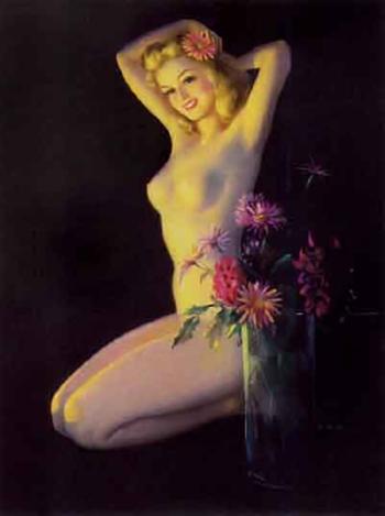 Kneeling nude placing flower in her hair by 
																	Jules Erbit