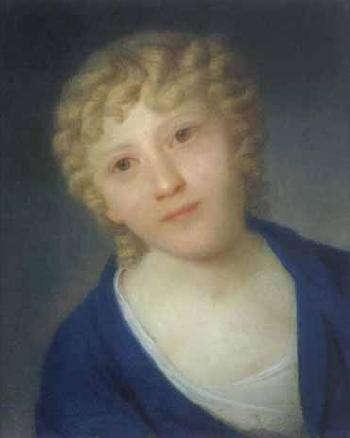 Portrait of a young woman wearing a blue dress by 
																	Daniel Caffe
