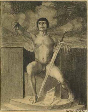 Heroic male nude with a sword by 
																	Ignatius Taschner