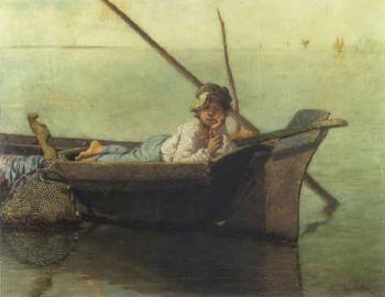 Boy fishing from boat with Venice beyond by 
																	Edmond-Jean de Pury