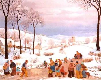 Scene villageoise sour la neige by 
																	Jean Espejo
