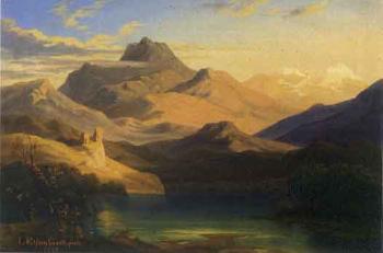 Mountain landscape with ruins and lake in morning light by 
																	Johannes Eissenhardt