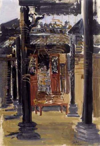 Interior of a pagoda in Cholon. Carrying rice to the market by 
																			 Nguyen Anh