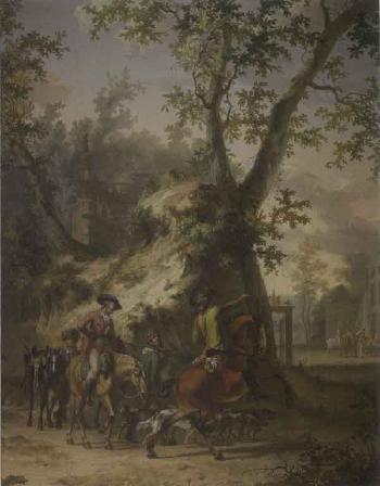 Hunting party approaching an inn by 
																	Gerrit Malleyn