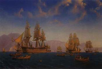 Seascape with war ships and fishermen in the Mediterranean near Naples by 
																	Julius Prommel