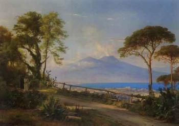 View of the Bay of Naples with monk and clergyman strolling on path above city by 
																	Carl Frederic Aagaard