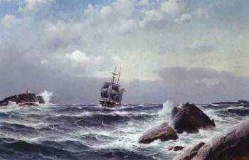 Norwegian sailing ship off rocky coast by 
																	Hjalmar Haalke