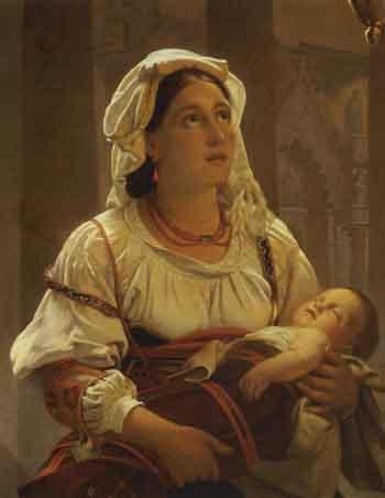 Italian woman with a child in her arm standing in a church by 
																	 Norwegian School