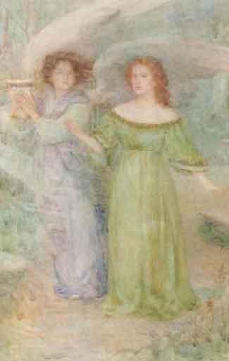Two female allegorical figures standing in an ornamental garden by 
																	Lilian Rowney