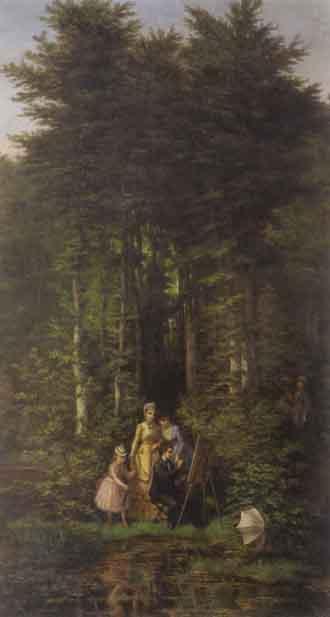The artist with his admirers in a forest glade by 
																	Edgar Alfred Baes