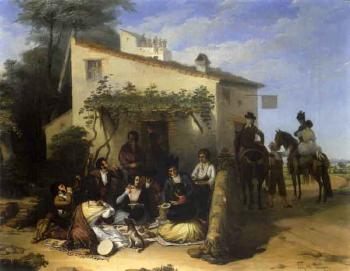 Picnic. Riders passing by tavern by 
																			Joaquin Dominguez Becquer
