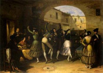 Card game. Dances in courtyard. Outside tavern. by 
																			Joaquin Dominguez Becquer