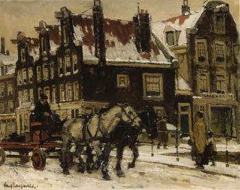 Horse drawn cart on a bridge in wintry Amsterdam by 
																			Frans Langeveld