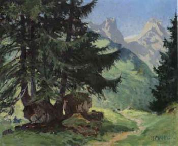 View through pine trees of Allgau mountains by 
																	Richard Mahn