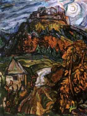 Wooded autumn landscape with view of fortress by 
																	Albert Unseld
