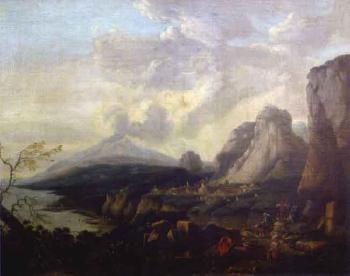 View of the Bay of Naples with figures and Vesuvius in the distance by 
																	 Italian-Flemish School