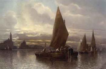 Vessels moored before Venice at dusk by 
																	Fernand Lubich