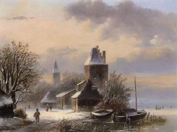Winter landscape with figures in the streets of riverside town by 
																	Johannes Petrus van Velzen
