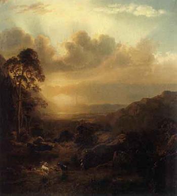 Shepherd and his flock in summer landscape at sunset by 
																	Georg Jabin