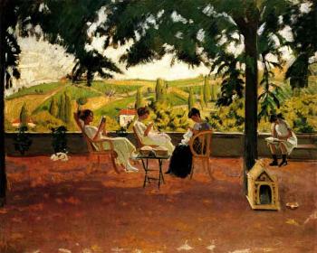 Jeunes femmes cousant sur la terrasse by 
																	Jean Puy