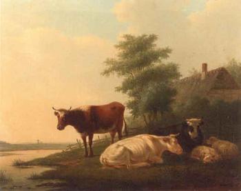 Cattle and sheep on riverbank by farmhouse by 
																	Matthys Quispel