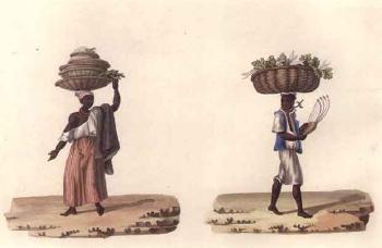 Figures hauling a cask, Rio de Janeiro. Two figures carrying provisions, Rio de Janeiro by 
																	Joaquim Candido Guillobel
