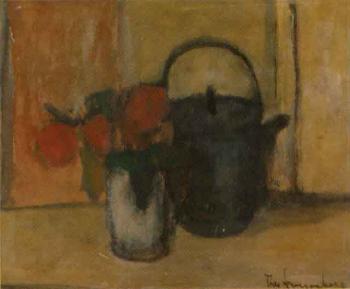 Still life with teapot and roses in a white vase by 
																	Theo Swagemakers