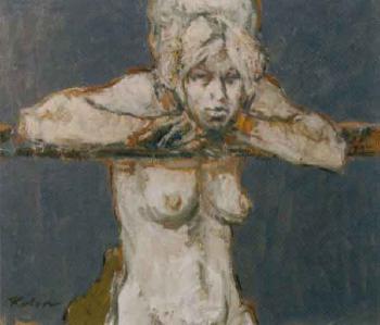 Woman leaning on a bar by 
																	Arie Kater
