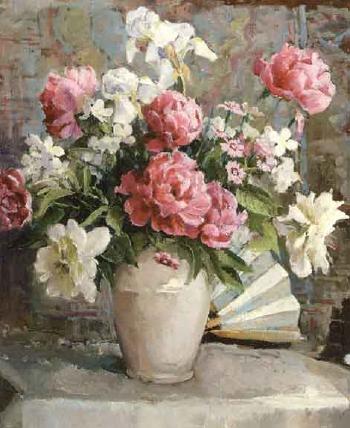 Peonies and iris in a white vase with fan by 
																	Frances S Eanes