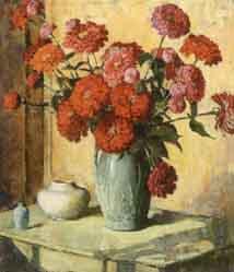 Zinnias in sunlight on green table by 
																	Frances S Eanes