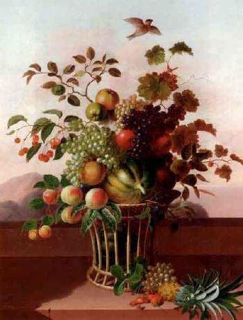 Still life of melon, peaches, grapes and cherries in basket on ledge by 
																	Claudius Ditlev Fritzsch