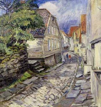 Street with paving stones and houses, Stavanger by 
																	Emil Abrahamsen