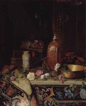 Still life of brass dish, books, roses and objects on table by 
																	C Pounot