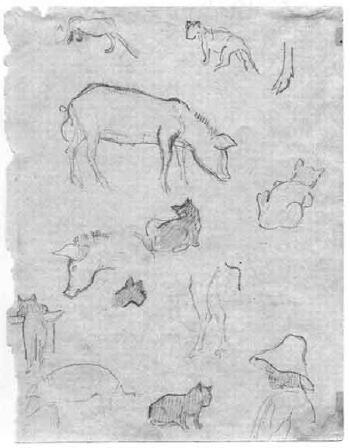 Sketch sheet with cats and other animals by 
																	Paul Gauguin