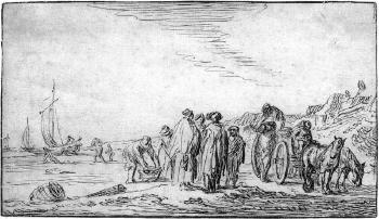 Fishermen loading catch onto horse-cart by 
																	Nicolaes van Lynhoven