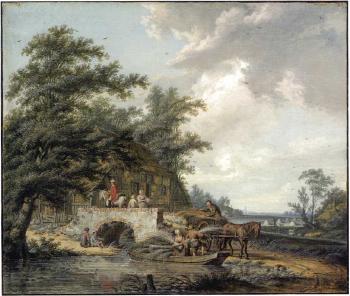 Figures in Dutch river landscape, bridge over stream leading to farmhouse by 
																	Dirk van der Laen