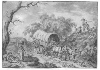 Landscape with travelling peasants and wagons by 
																	Isaac Uytenbogaart